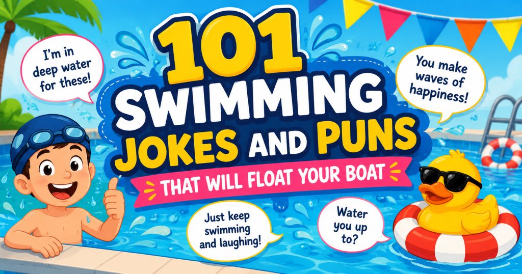 Funny swimming jokes and puns for swimmers, pool parties, beach days, and summer fun.