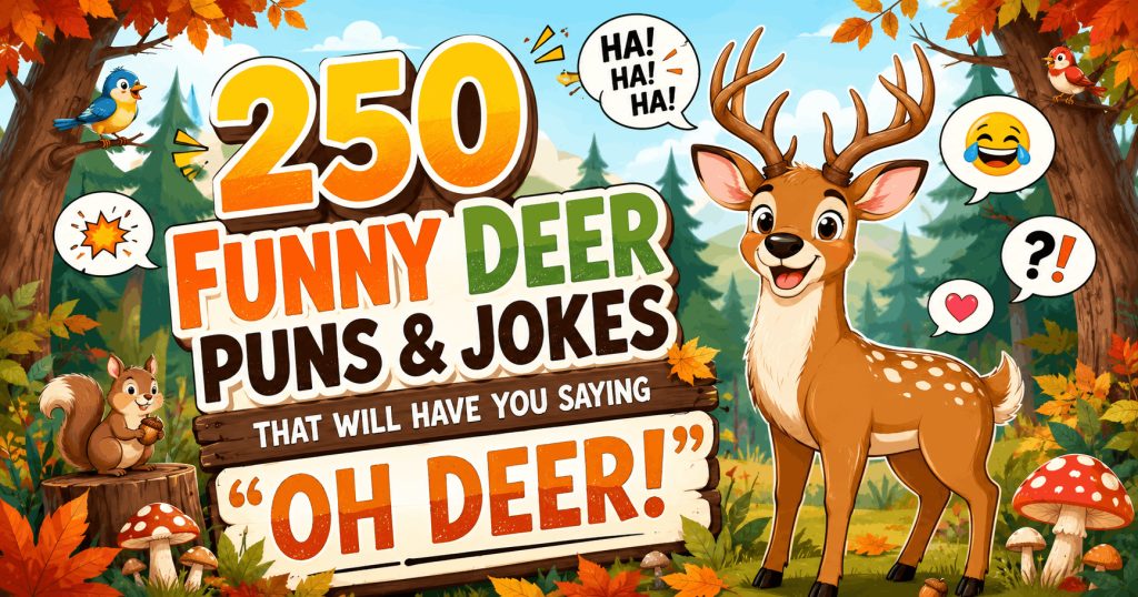 Funny deer puns and jokes with a smiling cartoon deer in a woodland forest.