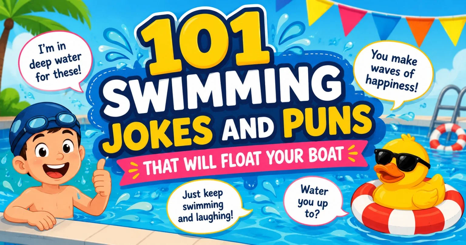 Funny swimming jokes and puns for swimmers, pool parties, beach days, and summer fun.