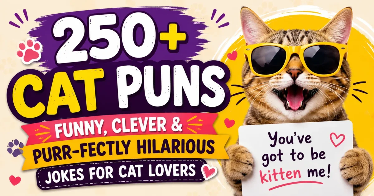 Funny cat puns collection with cute cat illustration for cat lovers