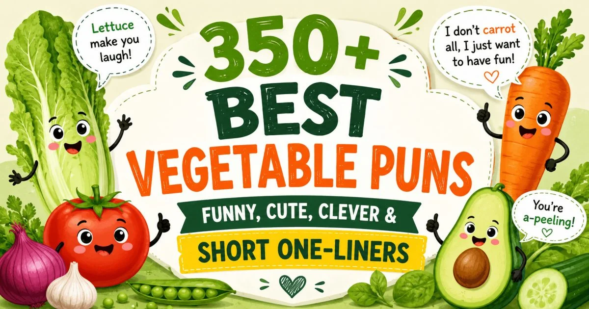 funny best vegetable puns and veggie jokes illustration with carrots, peas and corn characters