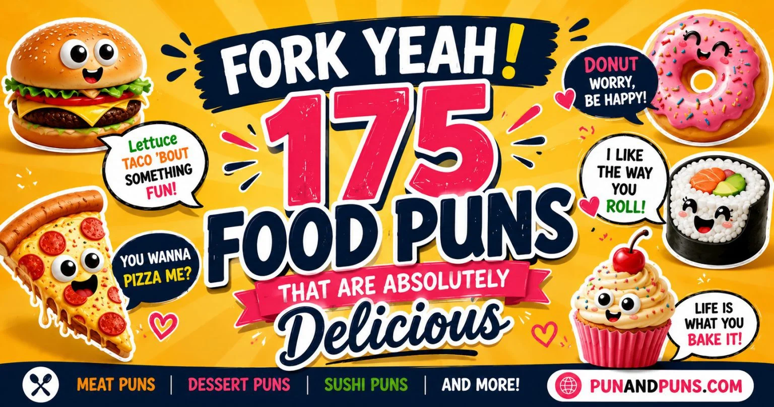 Collection of 175 funny food puns featuring meat puns, dessert jokes, sushi puns, and food-related humor