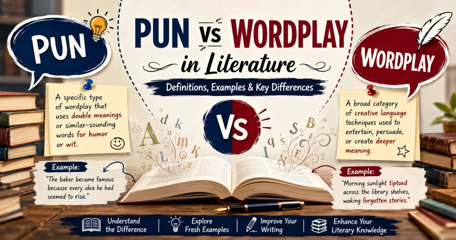 Comparison of pun vs wordplay in literature with definitions and examples