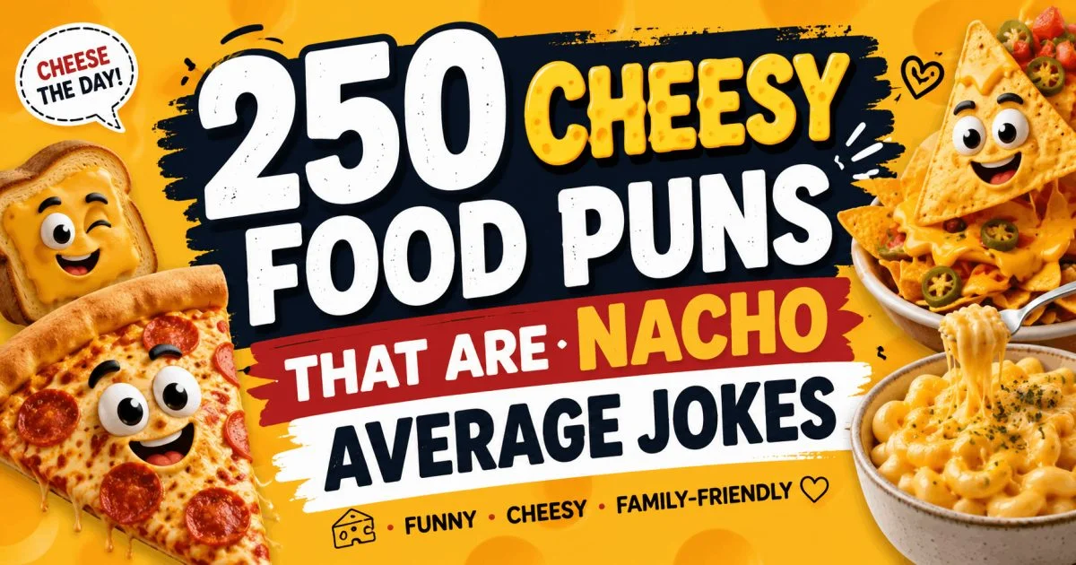 A colorful collection of cheese, pizza, nachos, and dairy-inspired cheesy food puns
