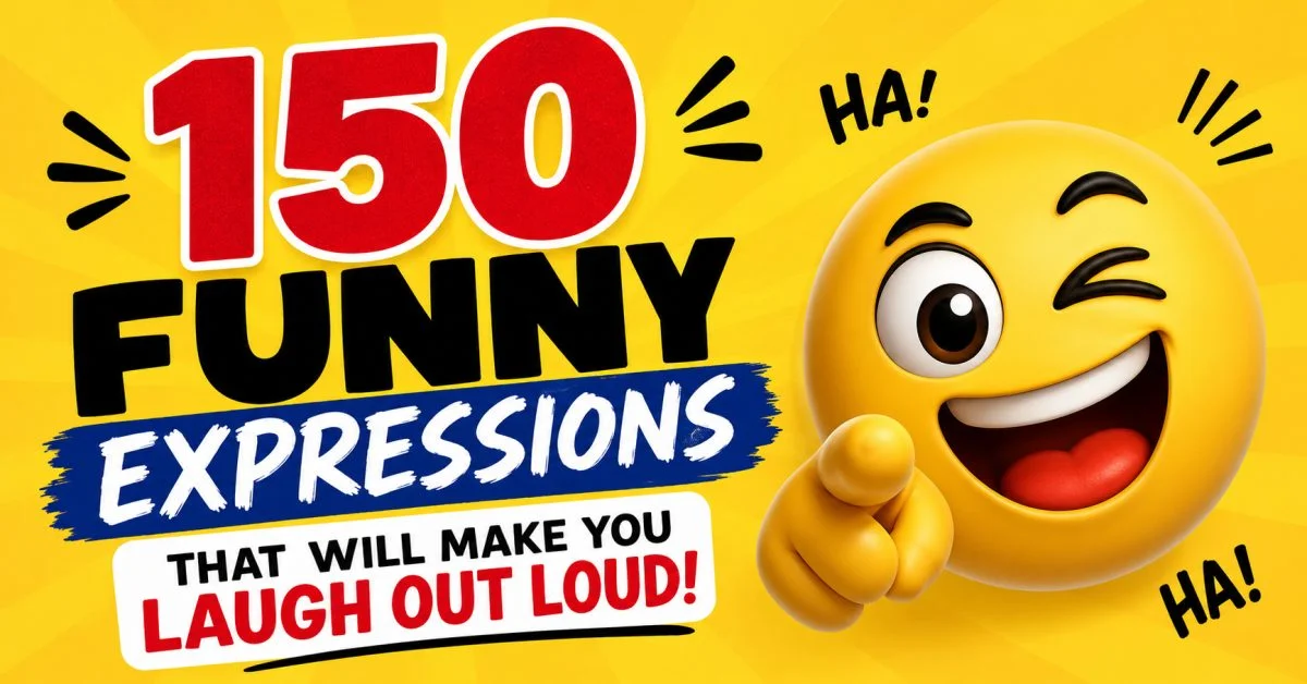 Colorful illustration for 150 funny expressions that will make you laugh out loud featuring a cheerful laughing emoji and bold text.