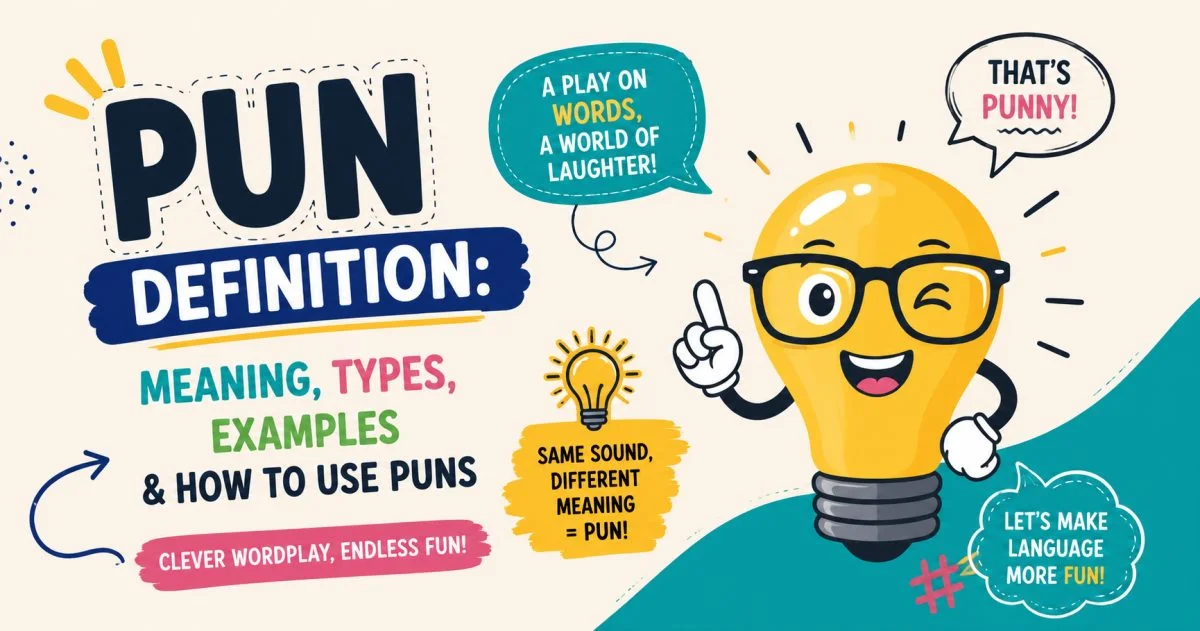 Pun Definition infographic showing the meaning, types, examples, and how to use puns in everyday language