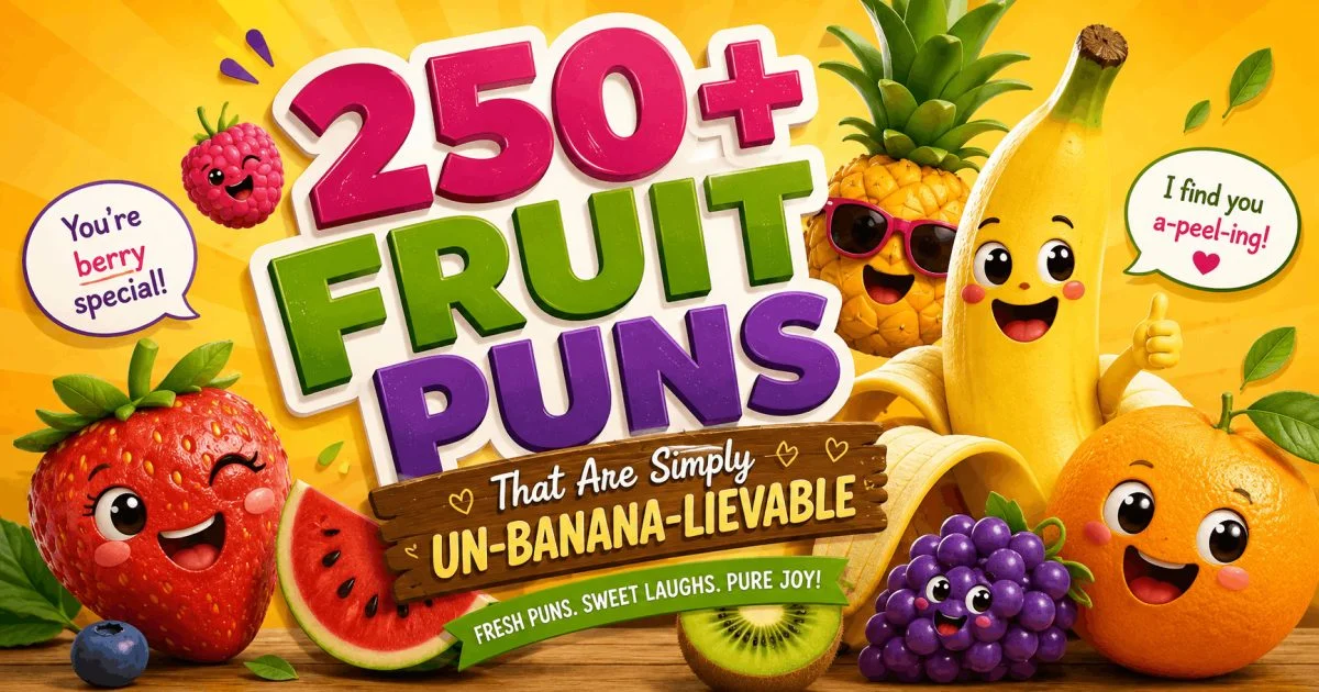funny fruit puns featuring colorful bananas, strawberries, pineapple, grapes, watermelon, kiwi, and oranges