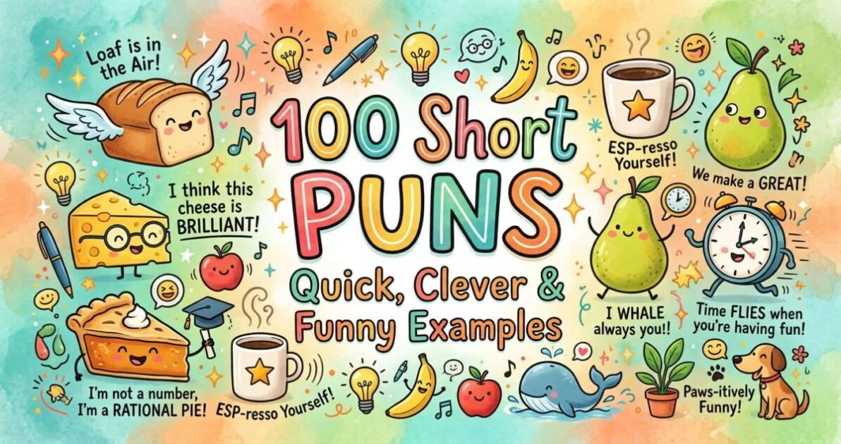 100 short puns with quick, clever and funny examples