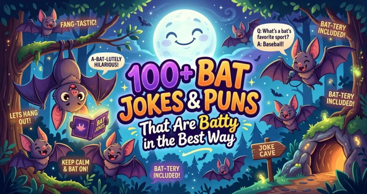 Discover 100+ funny bat jokes and puns that are batty in the best way! Enjoy hilarious bat one-liners, Halloween jokes, kid-friendly humor, vampire bat jokes, and clever captions.