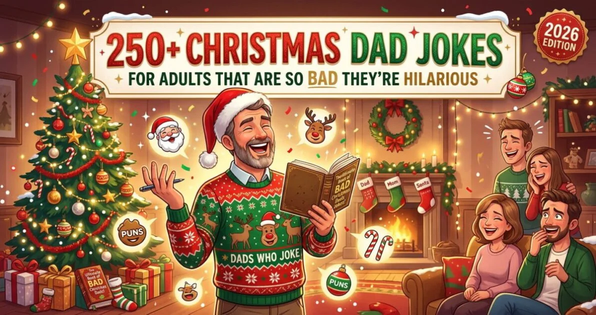 Funny Christmas dad jokes for adults with Santa, reindeer and festive holiday humor